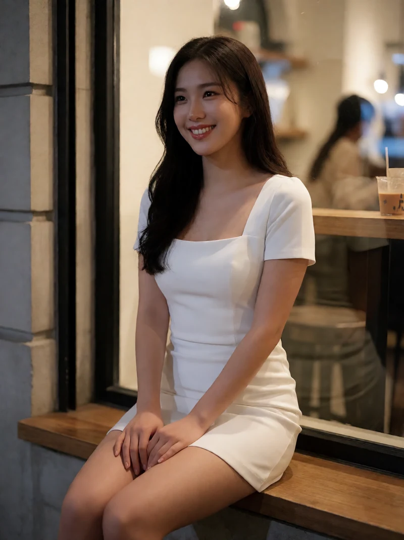 虚构成年女性穿白色短裙居中坐在傍晚咖啡店窗边等待约会