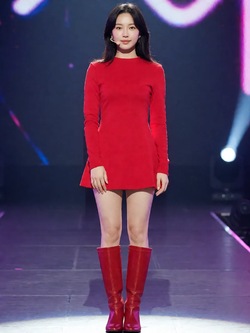 虚构成年女性穿红色女团风短裙长靴居中站在舞台返场灯下