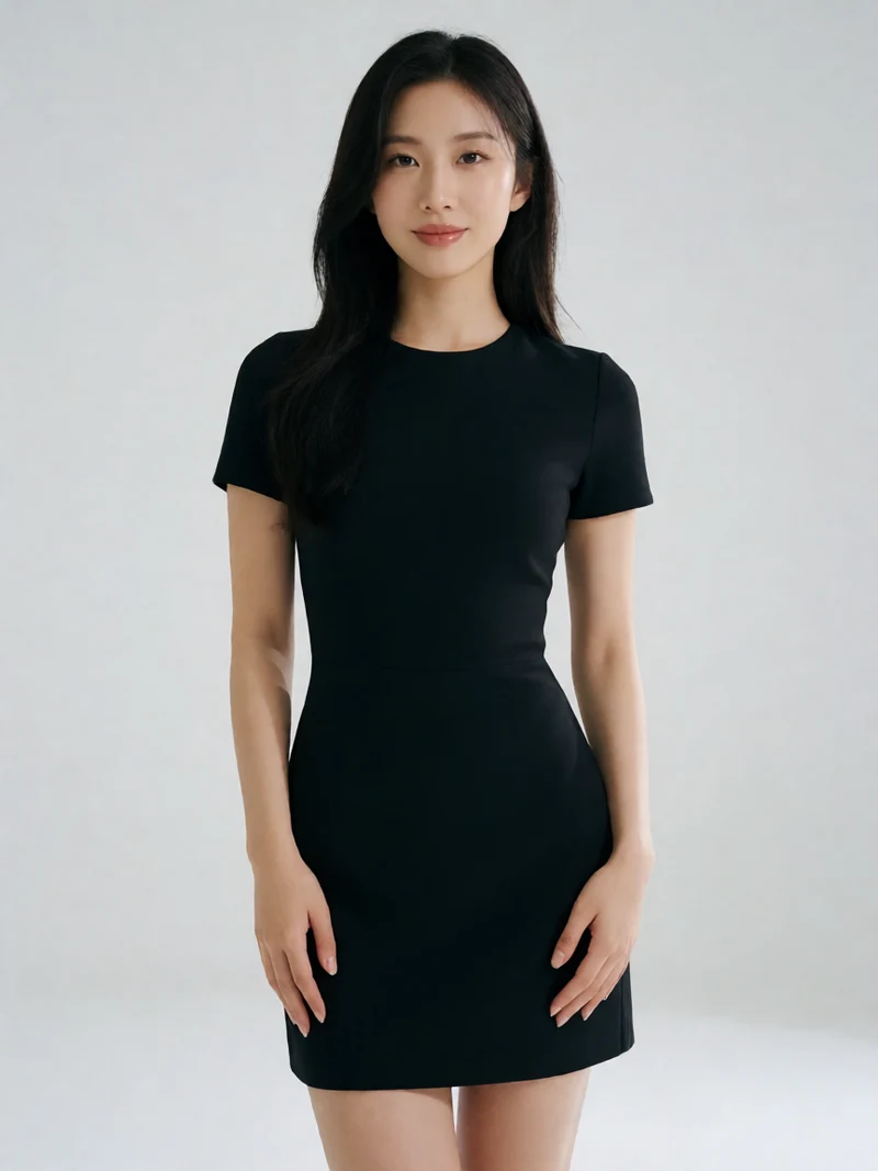 虚构成年女性穿黑色修身短裙居中站在柔光摄影棚中